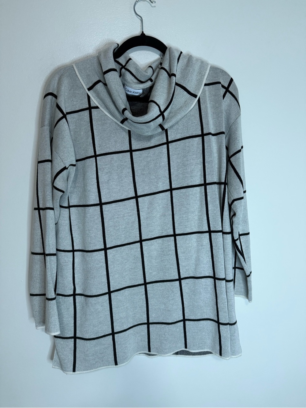 Calvin Klein Light Gray and Black Windowpane Cowl Neck Sweater size large